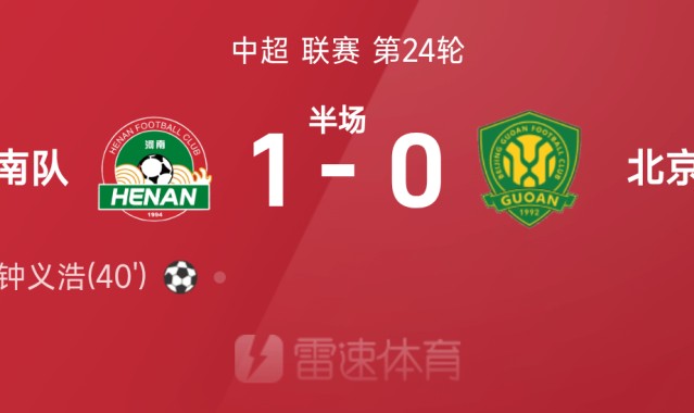 中超半场：钟义浩百场里程碑破门，河南1-0北京国安